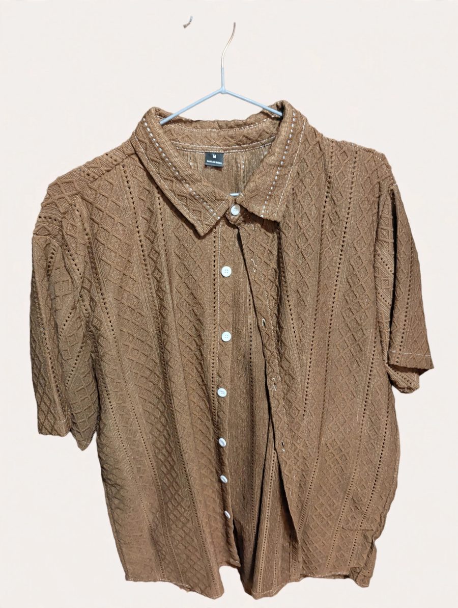 Copper brown textured knit short-sleeve button-down
