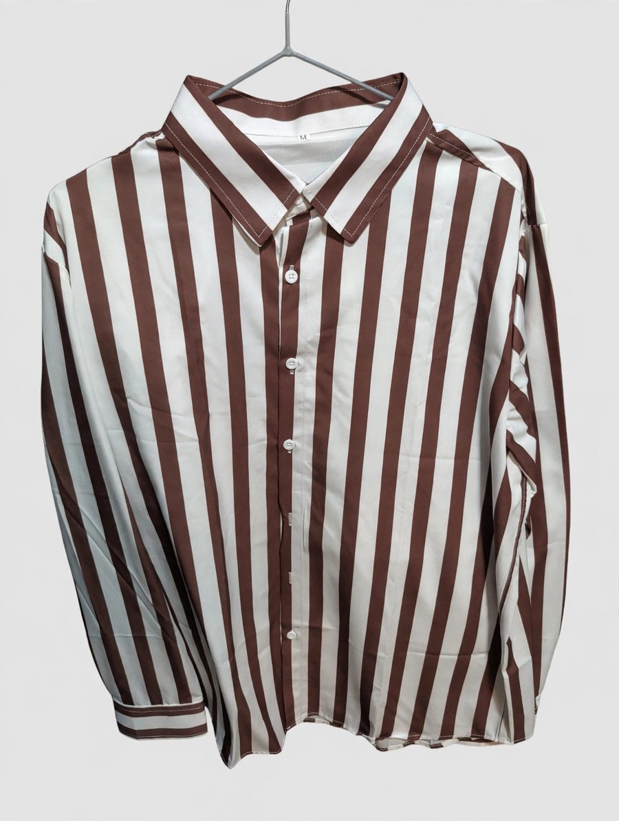 White and brown vertical striped long-sleeve button-down