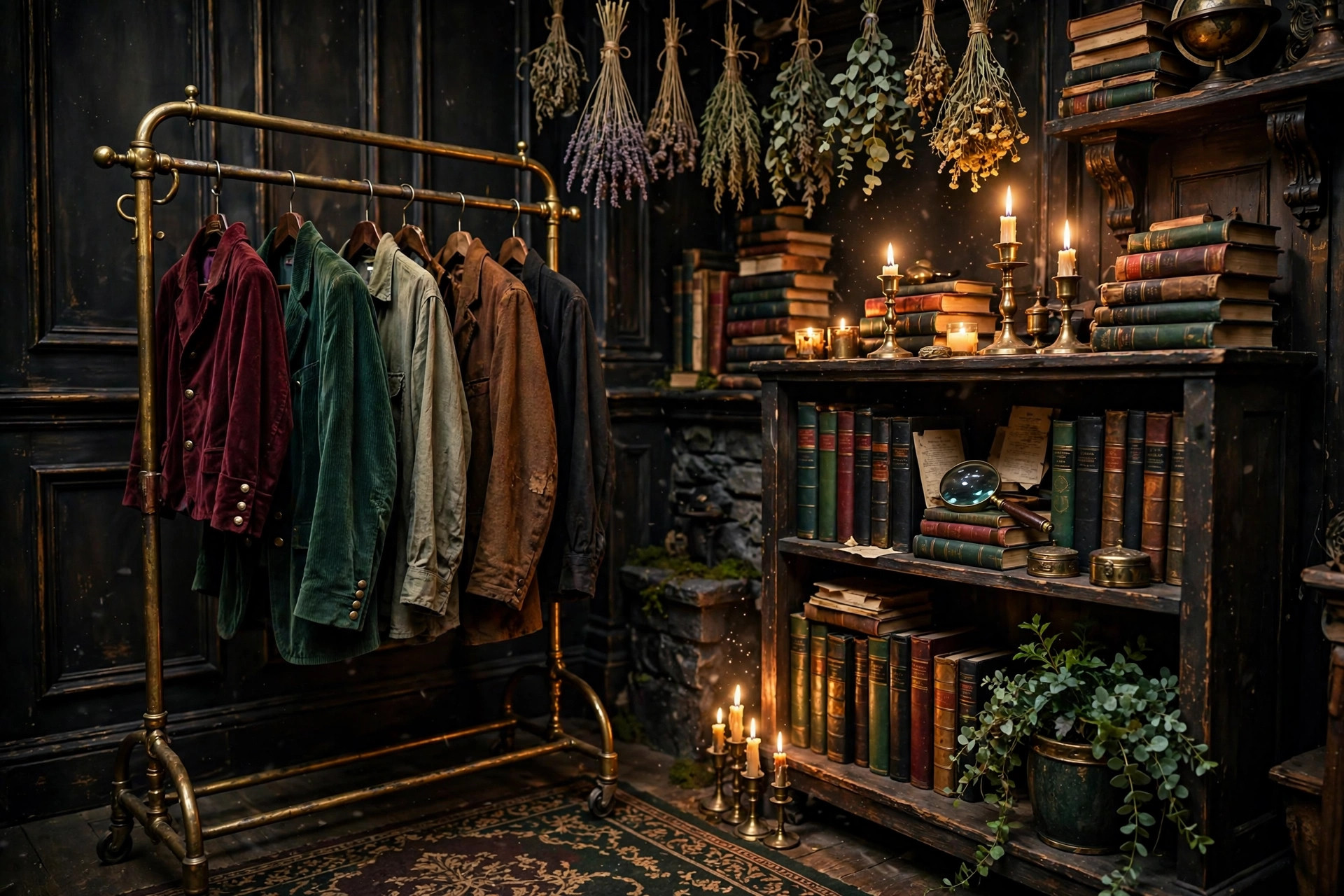A brass clothing rack beside a candlelit bookshelf