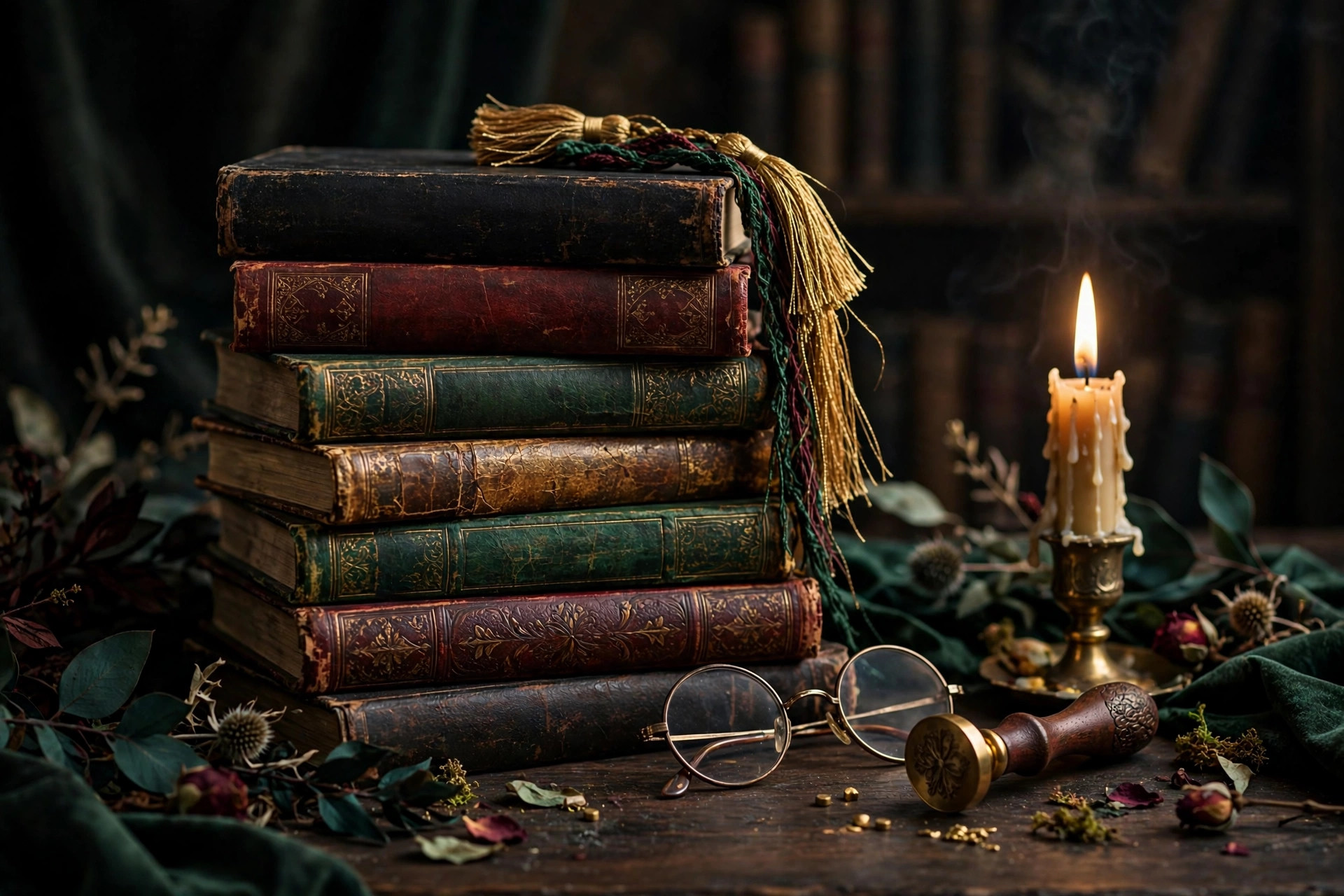 A stack of old books with a tasseled bookmark, spectacles and a lit candle
