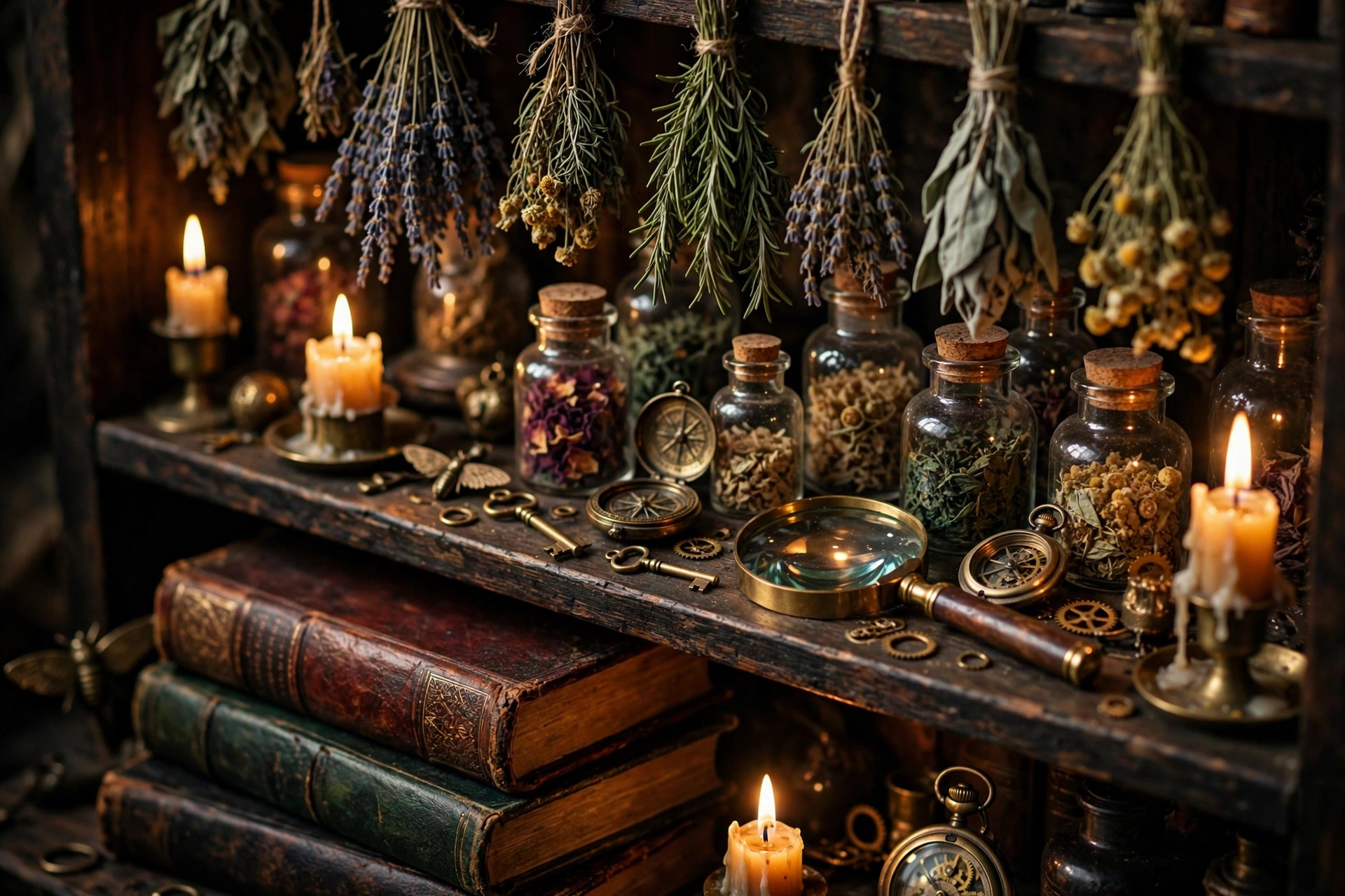 A library shelf with dried herbs, apothecary jars, brass trinkets, candles and old leather books
